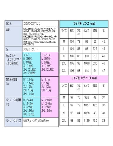 コロバンエアパンツ基本仕様