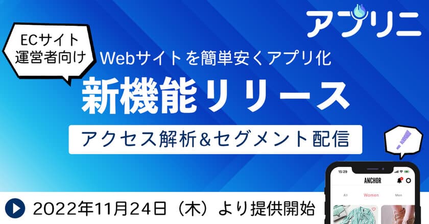 EC事業を強化　Webサイトをアプリ化するサービス
「アプリニ」が2つの新機能を11月24日より提供開始　
～アクセス解析とリアルタイムな集客を実現～