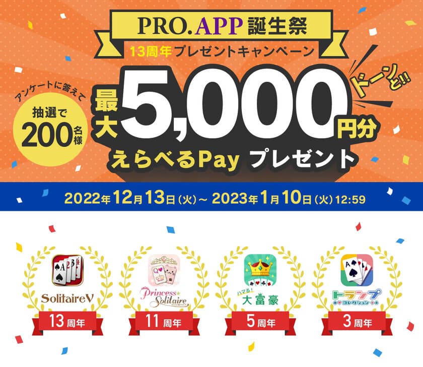 定番ゲームのアプリブランド「PRO.APP」13周年記念　
抽選で200名様にえらべるPayが当たる
プレゼントキャンペーン開始！