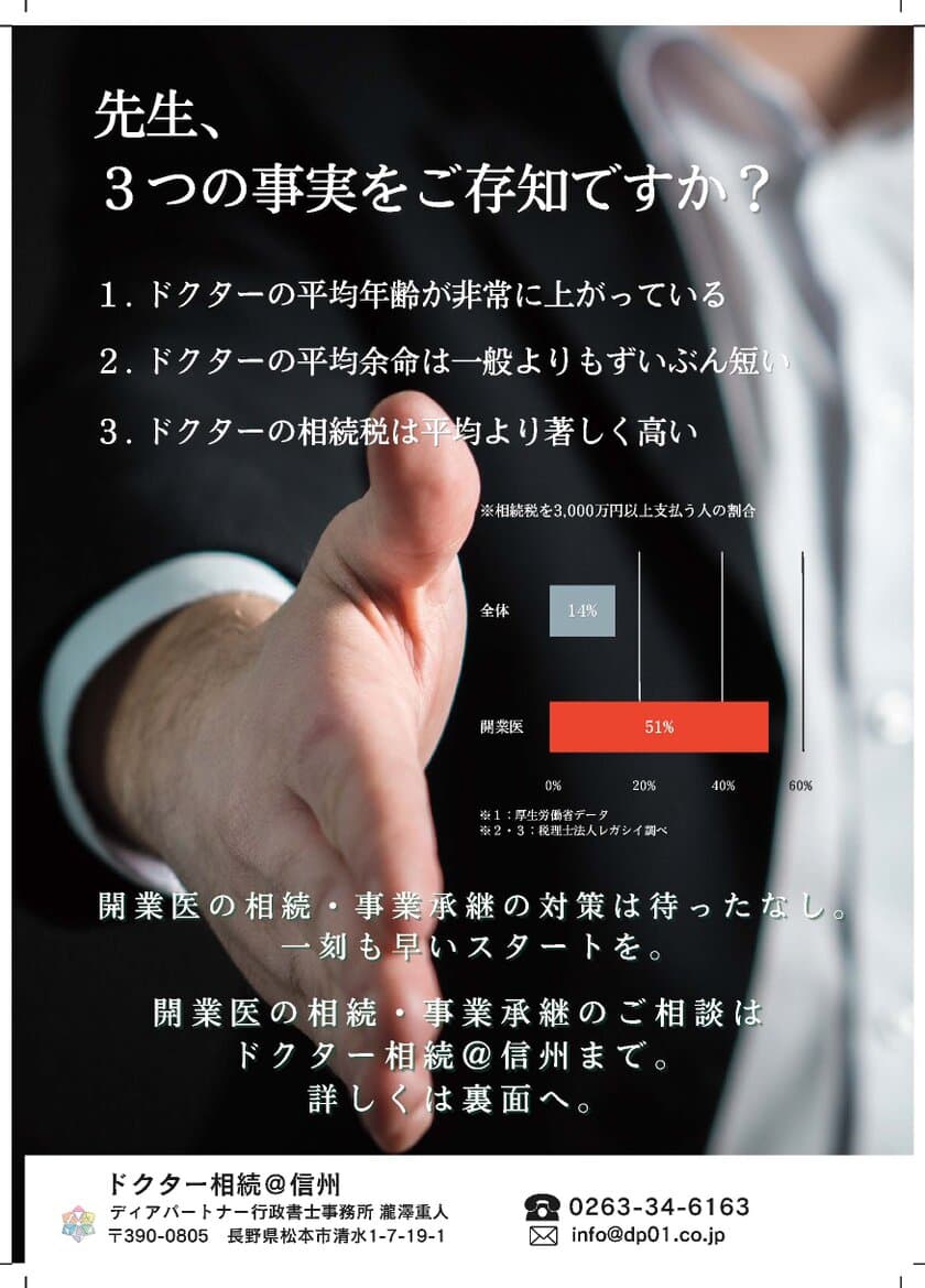 長野県内の開業医などの相続・事業承継の対策に応じる
「ドクター相続＠信州」が12月15日スタート！