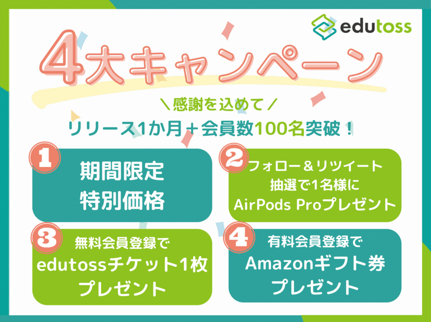 中高生のオンライン個別指導プラットフォーム“edutoss”
サービスリリース1ヶ月と会員数100名突破を
記念した4大キャンペーンを実施