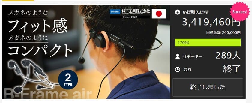 Makuake目標金額1,709％達成！メガネのような感覚で装着できる
テレワーク特化型片耳ヘッドセット「B-Frame air」
12月16日よりオンライン一般販売開始