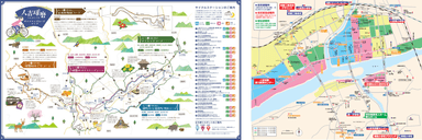 人吉・球磨サイクリングマップ(左)と人吉市街地防災マップ(右) (いずれもイメージ)