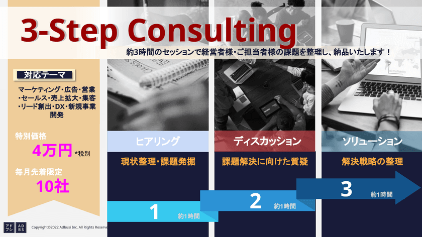 課題を抱える経営者・事業責任者が気軽に相談・壁打ちできる
株式会社アドブシの「3ステップコンサルティング」
2023年1月分以降の申し込みを開始！