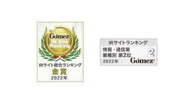 Gomez IRサイトランキング2022 総合ランキング金賞、情報・通信業 第2位