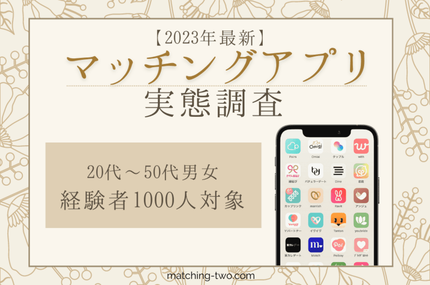 ≪2023年最新≫マッチングアプリの実態調査結果を公開！
20代～50代男女の経験者1,000人を対象にアンケートを実施