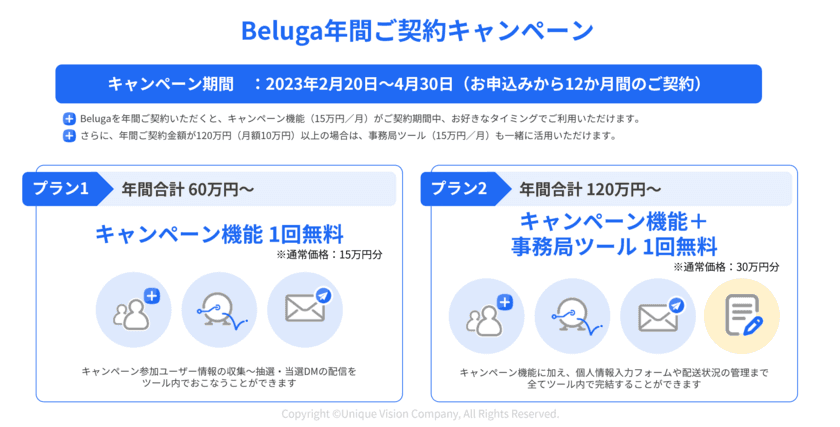 ユニークビジョン、SNS統合管理ツール「Beluga」
期間限定の年間ご契約キャンペーンを2月20日より受付開始　
～キャンペーン機能や事務局機能が無料で、最大25％OFF～