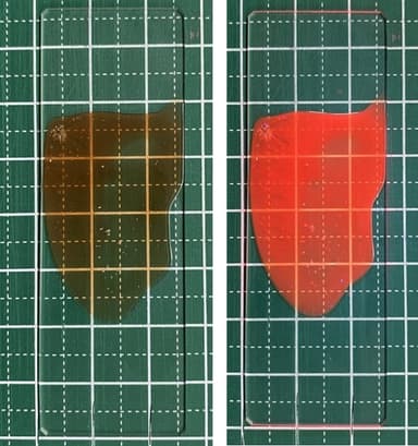 ガラス上の量子ドット　(左)室内灯下 (右)室内での紫外線照射下