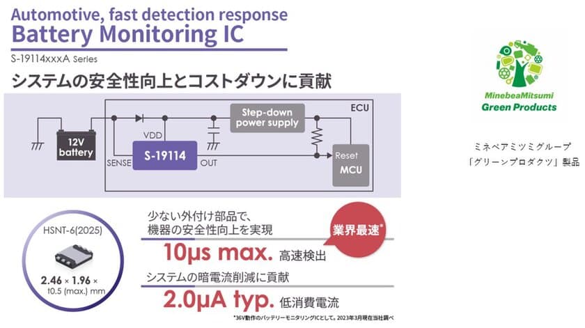 業界最速(※1)の電圧検出応答速度と低消費電流を両立 
車載用高耐圧バッテリーモニタリングIC「S-19114シリーズ」発売