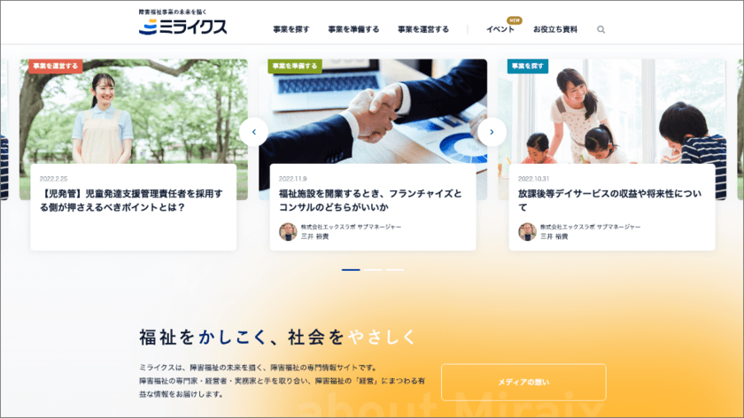 障害福祉事業の未来を描くWEBサイト「ミライクス」を開設　
障害福祉の「経営」にまつわる有益な情報を提供