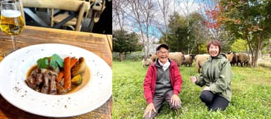 羊肉のフレンチコースをペアリングで初提供。右写真の左が生産者の山田忠男さん、右が当社 代表取締役社長の前川弘美