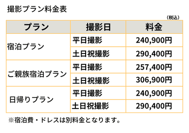 撮影プラン料金表