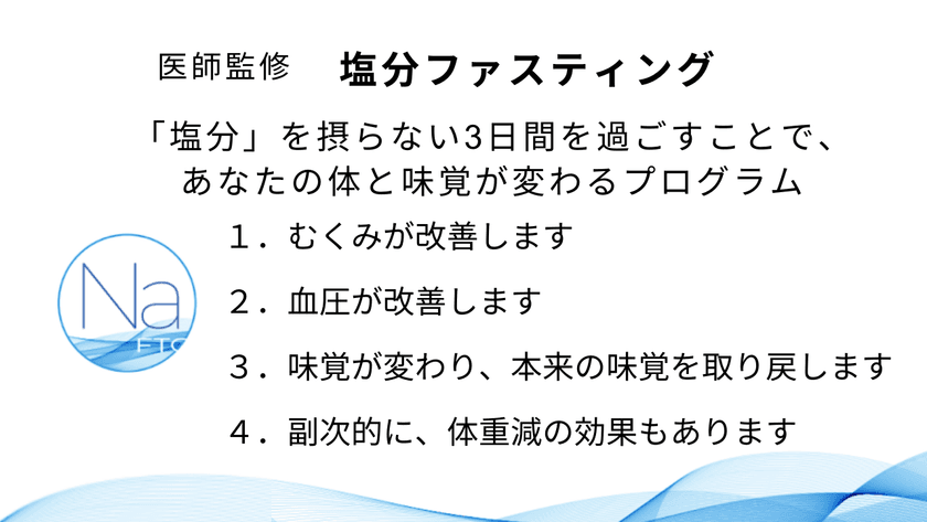 “むくみ、高血圧に効果を実感”　
医師監修「3日間の塩分ファスティング」を実践した
男女50名のモニター結果中間発表