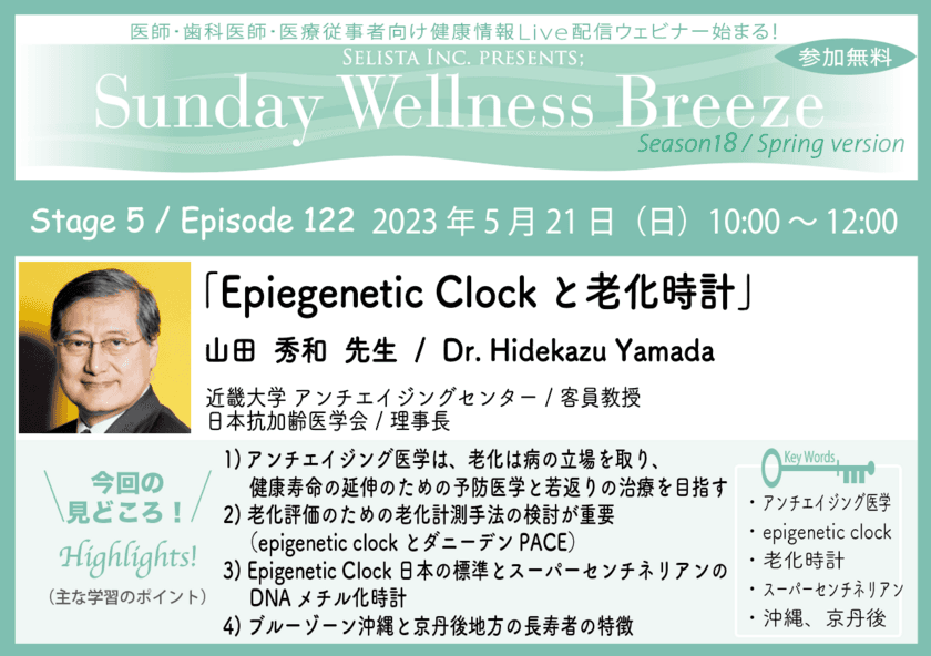 無料オンラインセミナー(医師・歯科医師・薬剤師向け)
『Epigenetic Clockと老化時計』5/21(日)朝10時開催　
講師：山田 秀和先生
(近畿大学 アンチエイジングセンター / 
客員教授、日本抗加齢医学会 / 理事長)