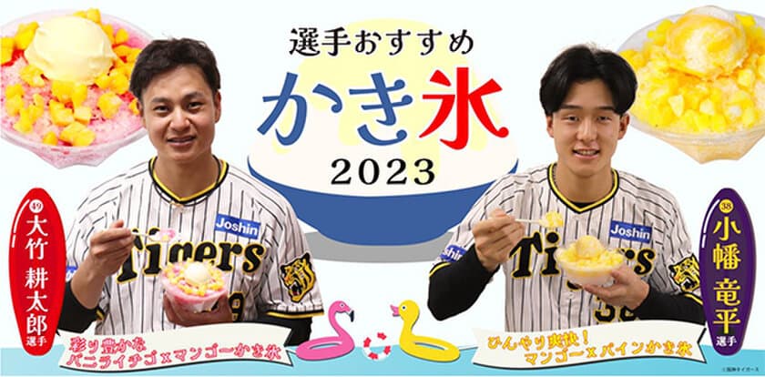 阪神甲子園球場で新たに“選手おすすめメニュー”を発売！
暑い季節にすっきり爽快なデザートといえばアレ（A.R.E.）！
～小幡選手・大竹選手のオリジナルかき氷が新登場～