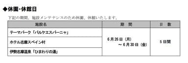 志摩スペイン村休園・休館日