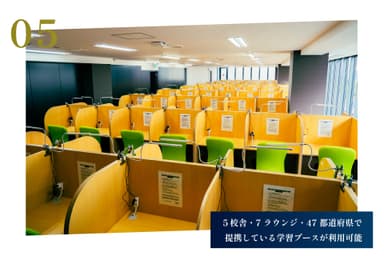 5校舎・7ラウンジ・47都道府県で提携している有料自習室で学習ブースの利用が可能