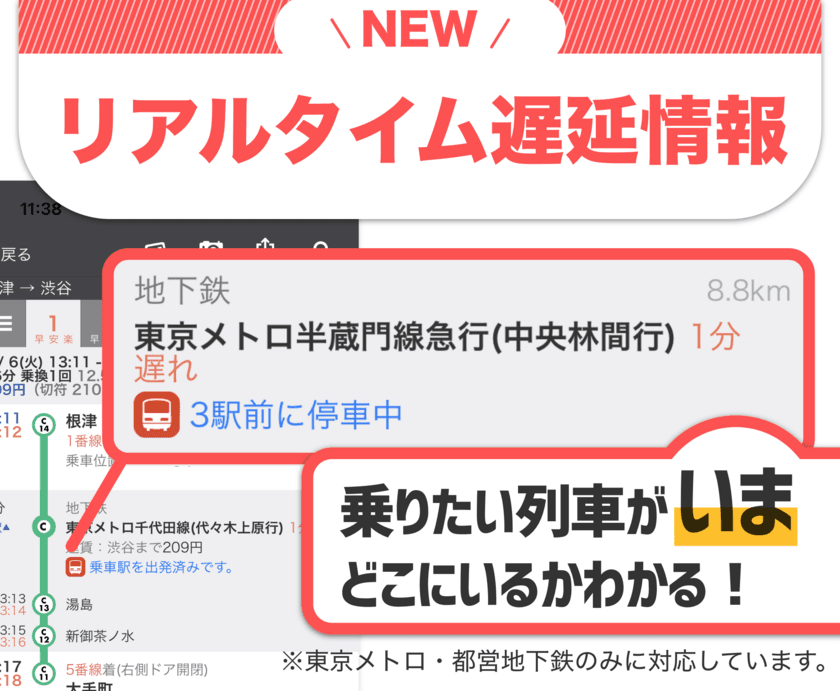 「乗換案内」が東京メトロ「列車運行情報データ」と連携　
列車ごとのリアルタイムな遅延時分と走行位置が確認可能に