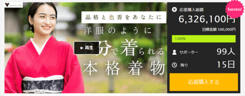 目標金額の1,265％突破！3分で着付け可能な「本格着物」の
先行予約販売をMakuakeにて7月3日(月)まで実施　
～10ヵ国で国際特許取得済みの本格着物の新商品～