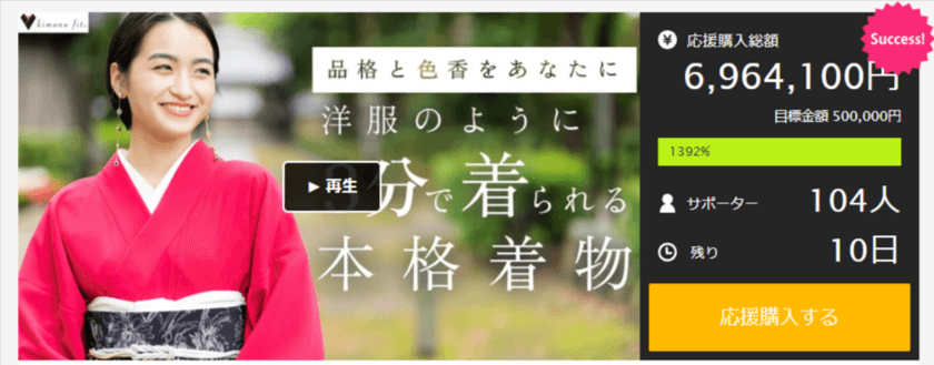 目標金額の1392％突破！
10ヵ国で国際特許取得済み、3分で着付け可能な本格着物　
「Makuake」での先行予約販売を7月3日まで実施！