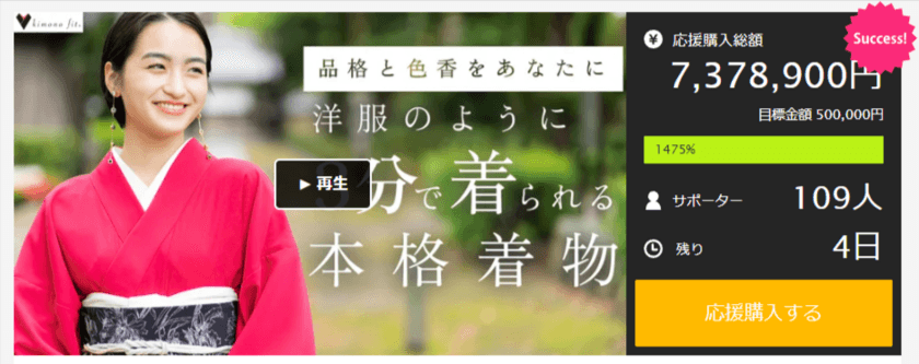 残り3日！10ヵ国で国際特許取得済、立体裁断＆立体縫製　
洋服のように自分で素早く着られる本格着物　
「Makuake」での先行販売を7月3日まで実施