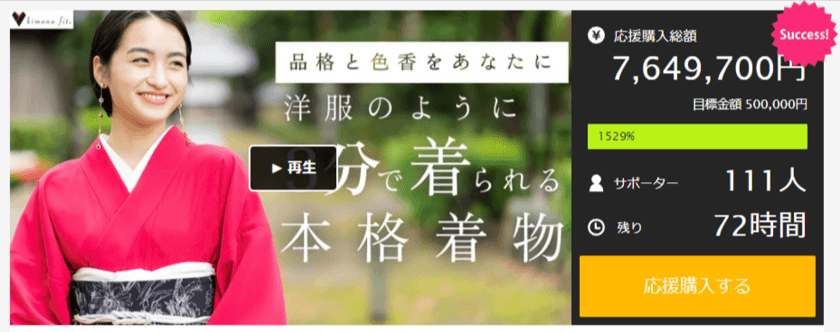 洋服のように自分で素早く着られる本格着物が
Makuakeにて目標金額の1,634％達成　
10ヵ国で国際特許取得済、立体裁断＆立体縫製