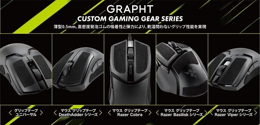 GRAPHT「CUSTOM GAMING GEAR SERIES」より
高密度発泡ゴム素材で、乾湿問わないグリップ性能を実現した
薄型マウスグリップテープを7月31日(月)発売