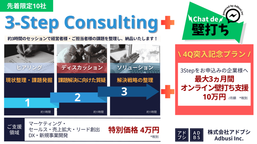 株式会社アドブシが創業初年度4Qに突入　
経営者・事業責任者に大人気のコンサル支援サービス
「3ステップコンサルティング」から、
特別プラン『Chat de 壁打ち』が新登場