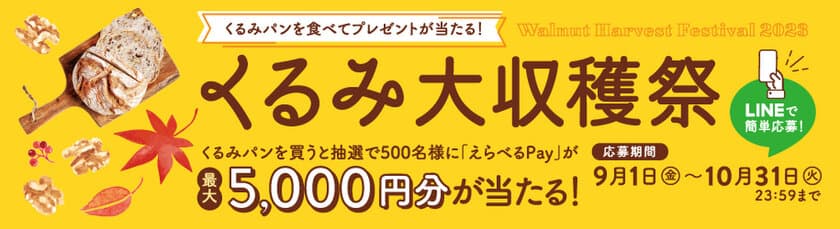 くるみパンを食べてプレゼントが当たる！
「くるみ大収穫祭」を本日9月1日よりスタート　
応募時の評価で一番人気のくるみパン
「2023 くるみパン オブ・ザ・イヤー」が決定