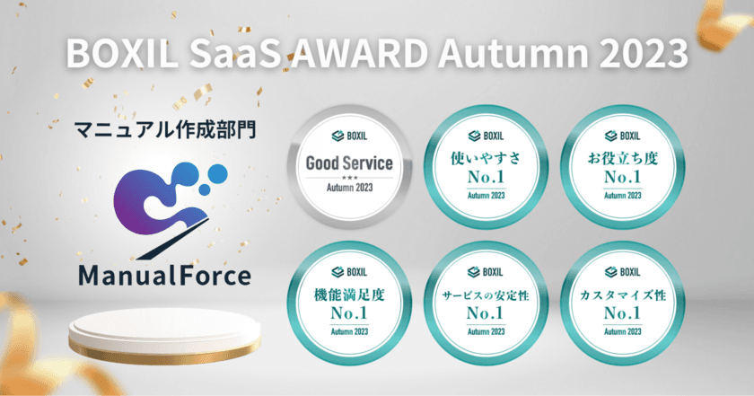 ManualForce、「BOXIL SaaS AWARD Autumn 2023」
マニュアル作成部門で「Good Service」ほか5つのNo.1に選出