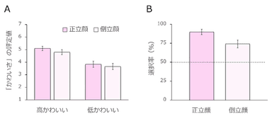 A. 赤ちゃん顔に対する「かわいさ」の評定値は、通常の向き(正立顔)でも、上下逆さ(倒立顔)でも差がなかった。　B. 2つの顔からよりかわいい高い顔を選択する割合は、顔の向きによらず、偶然よりも高かった。しかし、倒立顔ではやや成績が下がった。エラーバーは95％信頼区間を示す。