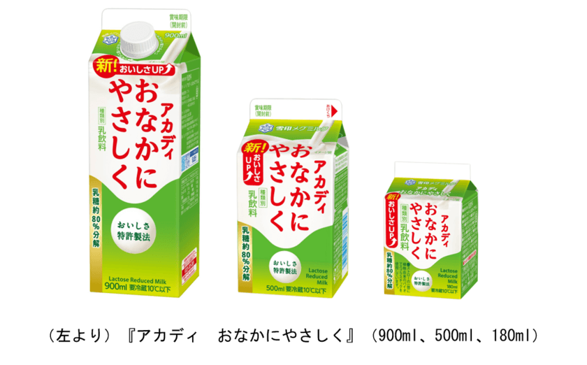 「おいしさＵＰ！」 おなかにやさしい乳飲料
『アカディ おなかにやさしく』(900ml、500ml、180ml)