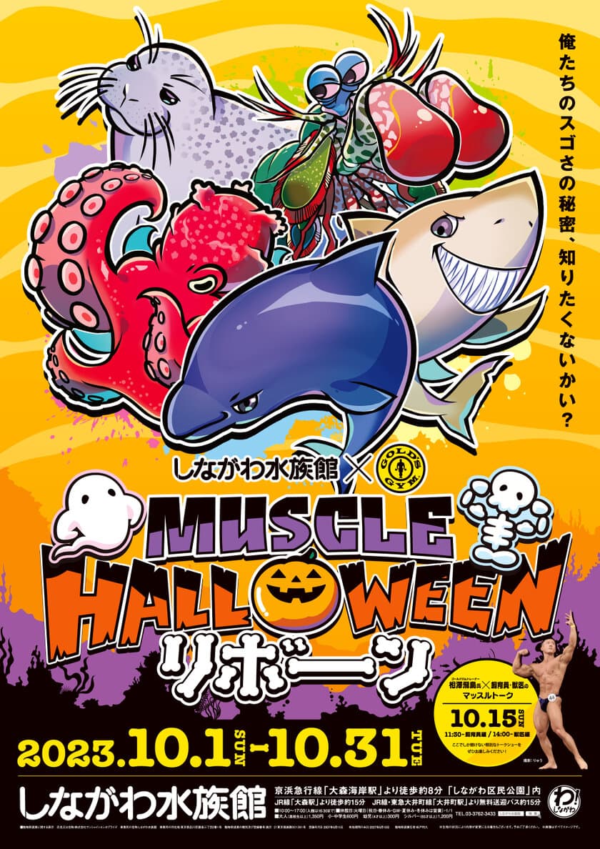 「水族館で、筋肉で、ハロウィン？？」
昨年ネットをザワつかせたハロウィンイベントが
甦って帰ってきた！？
しながわ水族館×GOLD’S GYM(R)　
マッスルハロウィン リボーン