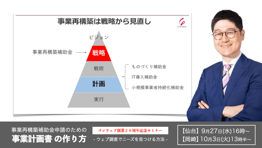 ＜採択される事業計画書とは？＞
全国13ヵ所で開催のセミナーツアー
『事業再構築補助金申請のための事業計画書の作り方』が
いよいよ最終　
＜9月27日(水)仙台、10月3日(火)愛知県岡崎市＞がラスト開催