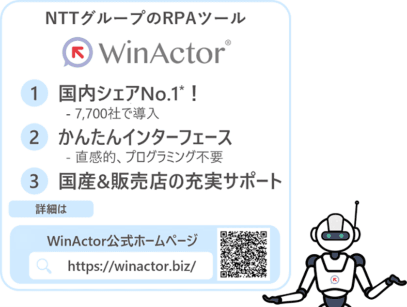 全国7,700社以上で導入の国内シェアNo.1 RPAソフトウェア
『WinActor』の販売パートナー様を募集