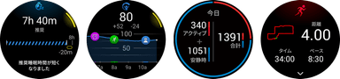 左から、睡眠コーチ、Body Battery、消費カロリー、ランニング