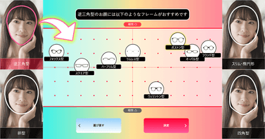 顔型を判別し、相性の良いフレーム型をチャートで表示