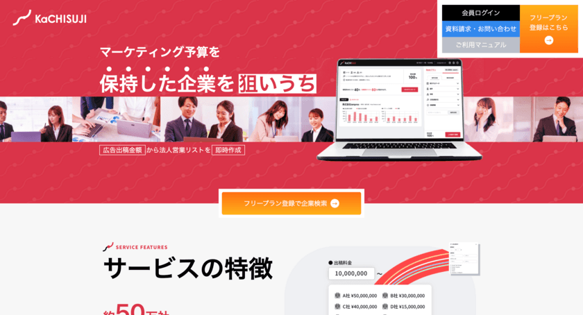 ＜業界初＞広告出稿費用を可視化　
マーケ予算が分かる営業リストSaaSツール
「KaCHISUJI」1月23日提供開始