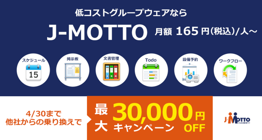 J-MOTTOグループウェア、他社からの乗り換えで
最大30,000円OFFとなるキャンペーンを4月30日まで実施