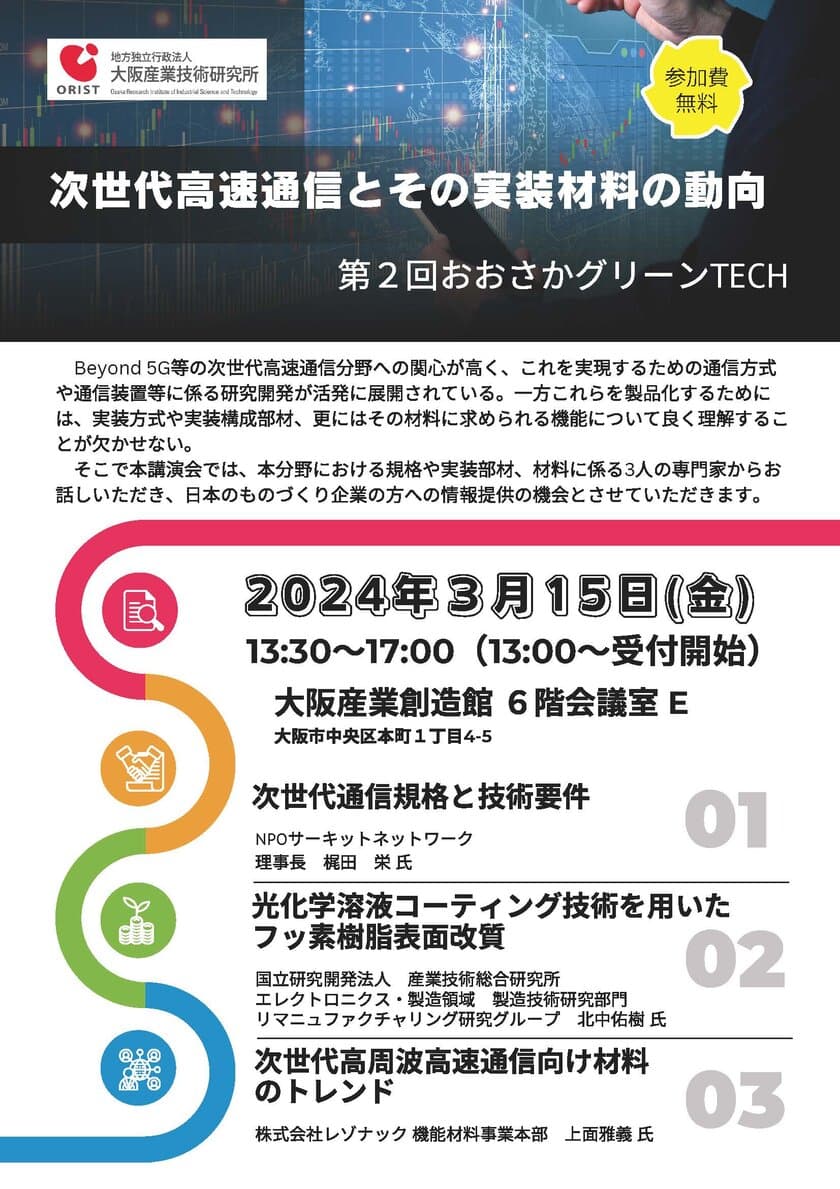 次世代高速通信とその実装材料の動向をご紹介　
大阪産業創造館にて第2回おおさかグリーンTECHを3/15に開催！