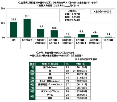 生活費以外にひと月あたりいくらくらいお金を使っているか/2023年にお金を使ったもの・ことの中から、一度の支払い額が最も高額だったもの