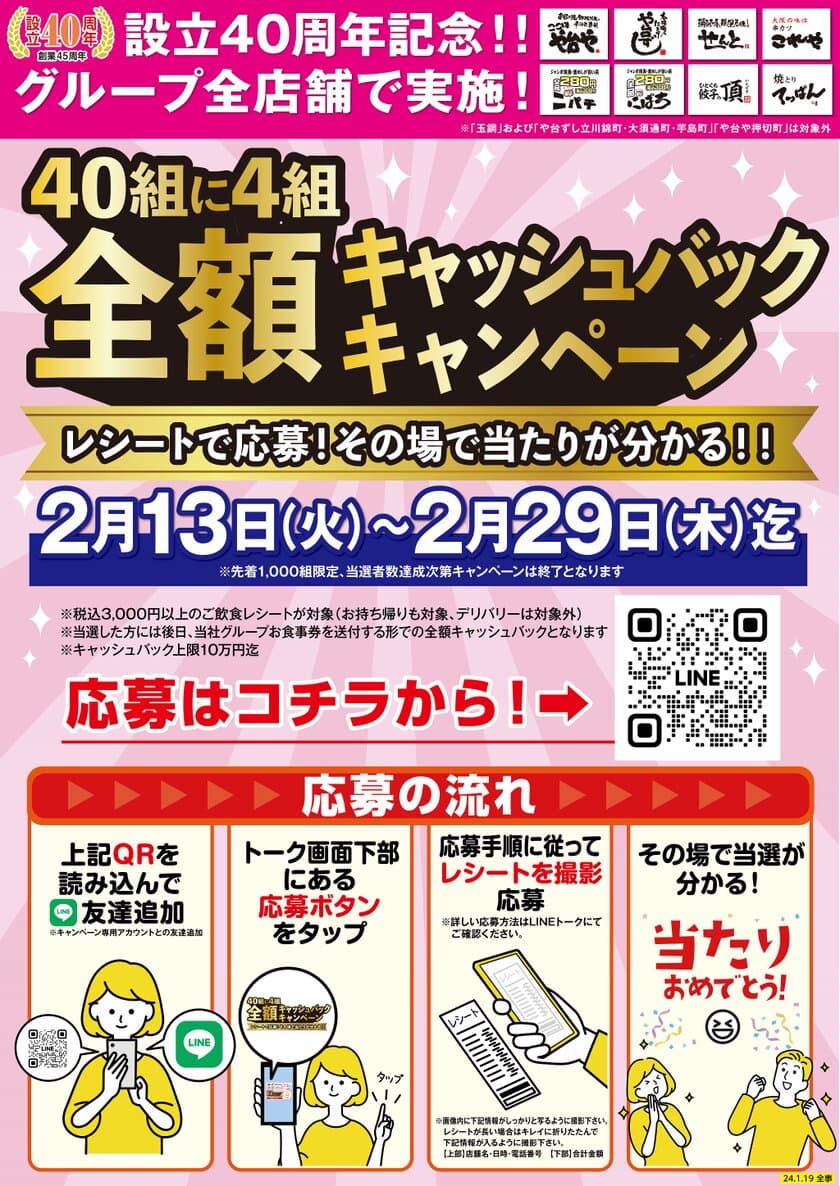 10分の1の確率で飲食代金が無料に？！
2月13日から設立40周年記念キャンペーンを開催！
「や台ずし」「ニパチ」などグループ店舗約350店舗で