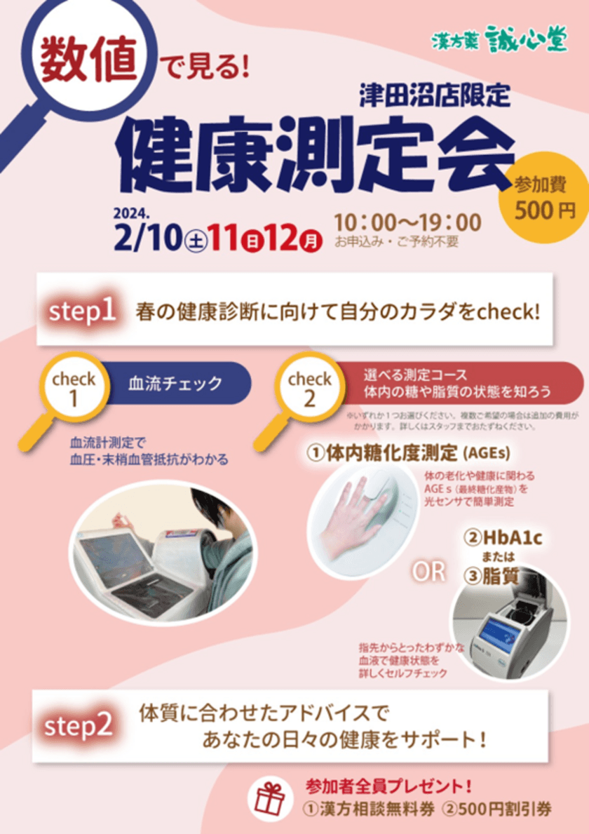 誠心堂薬局津田沼店が、健康を見直すイベント
「数値で見る！健康測定会」を2月10日(土)～12日(月・祝)に開催
　春の健康診断を前に健康状態をサポート