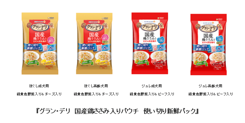 『グラン・デリ 国産鶏ささみ入りパウチ』から
毎食開けたての美味しさを味わえる使い切り新鮮パックを新発売