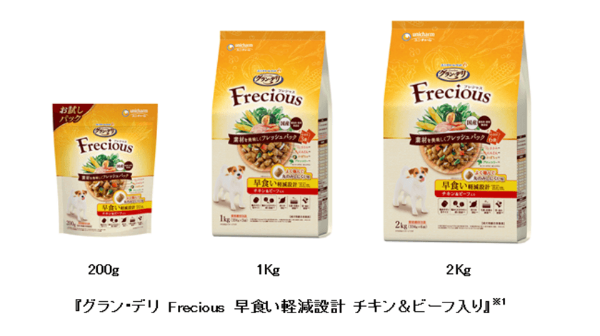 愛犬の早食いを軽減※1する粒を採用
『グラン・デリ Frecious 早食い軽減設計 チキン＆ビーフ入り』
新発売