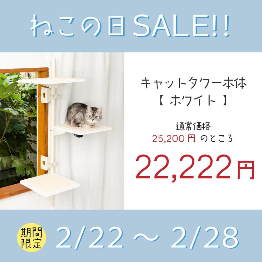 2月22日「猫の日」にちなんで、窓枠に取付ける
キャットタワー『ねこゴロン』がお得に購入できるセールを開催！