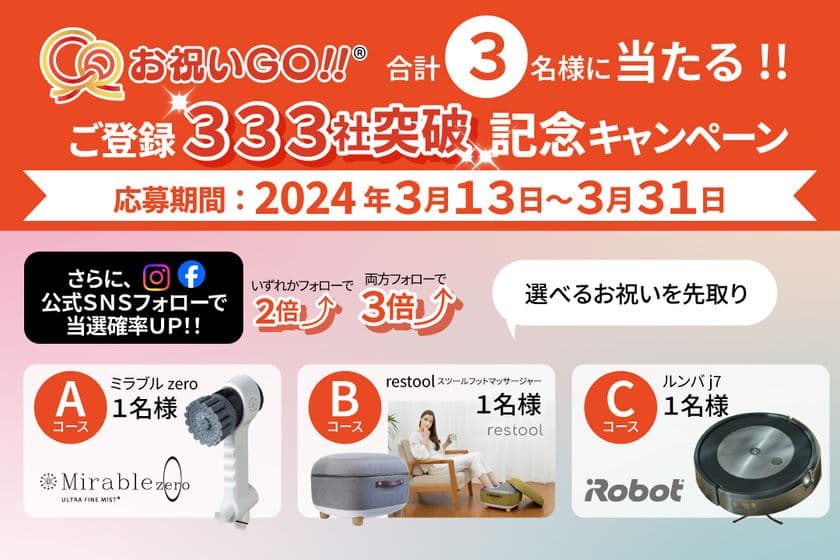 【会員登録社数333社突破記念】
企業の開業・移転祝いの
溢れて勿体ないお祝い花を○○に変えられる!
受け取り手が贈り物を選べるサービス「お祝いGO!!」
3/13よりプレゼントキャンペーンを開始