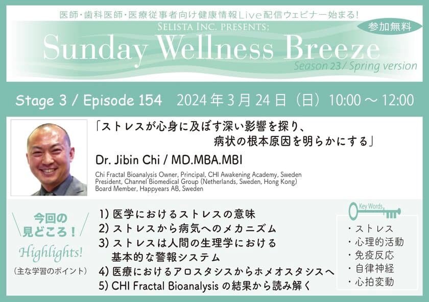 《医師・歯科医師・薬剤師向け》
無料オンラインセミナー3/24(日)朝10時開催　
『ストレスが心身に及ぼす深い影響を探り、
病状の根本原因を明らかにする』
講師：Dr. Jibin Chi(Chi Fractal Bioanalysis Owner、
Principal, CHI Awakening Academy, Sweden、
President, Channel Biomedical Group)