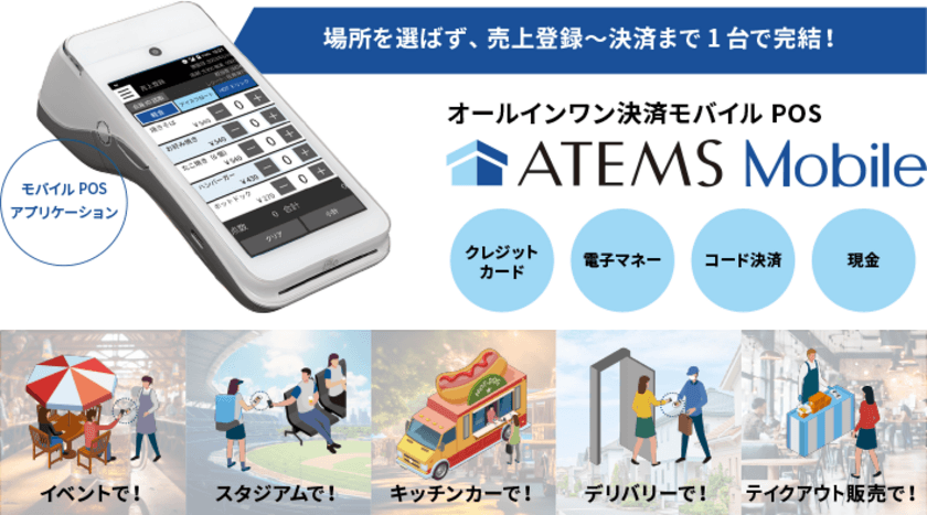 ～場所を選ばない販売＆決済で販売機会を拡大～
モバイル決済端末にPOSアプリを搭載した
「ATEMS Mobile」をリリース