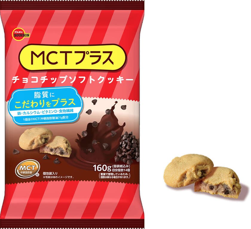 ブルボン、ＭＣＴ(中鎖脂肪酸油)を手軽に摂取
「ＭＣＴプラスチョコチップソフトクッキー」を
4月9日(火)に新発売！